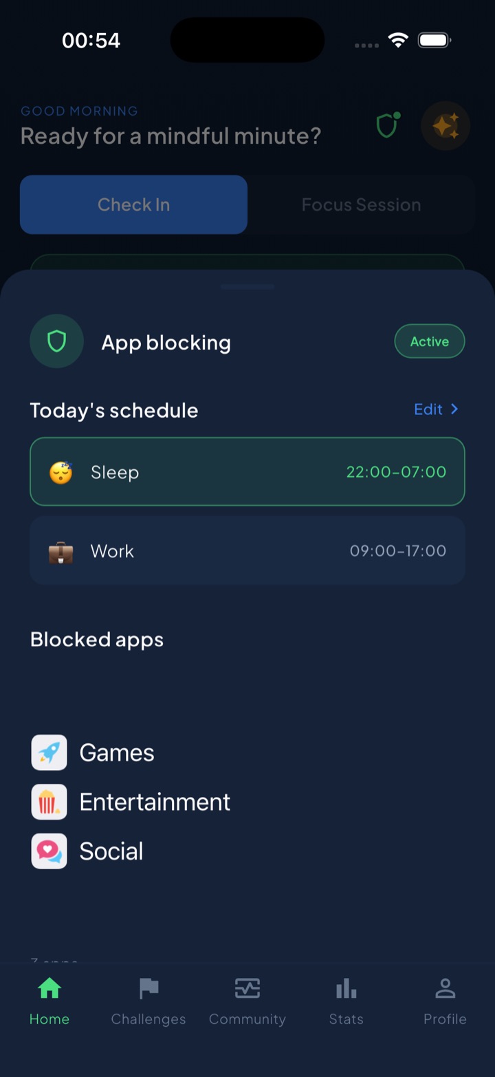 Unscrol's app-blocking hub with distracting feed apps shielded