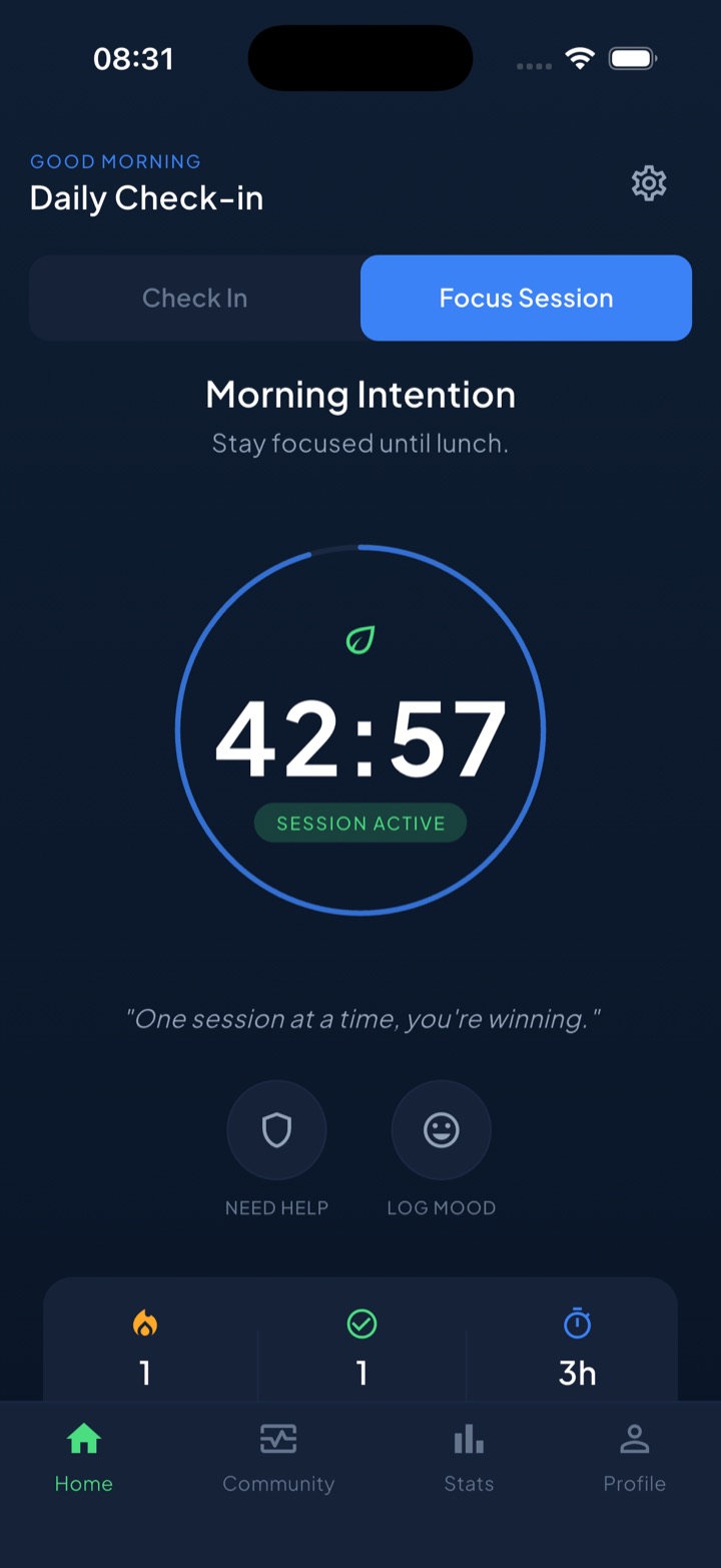 Unscrol focus session screen showing a study intention, a circular countdown timer, a SESSION ACTIVE badge, and Need Help and Log Mood buttons